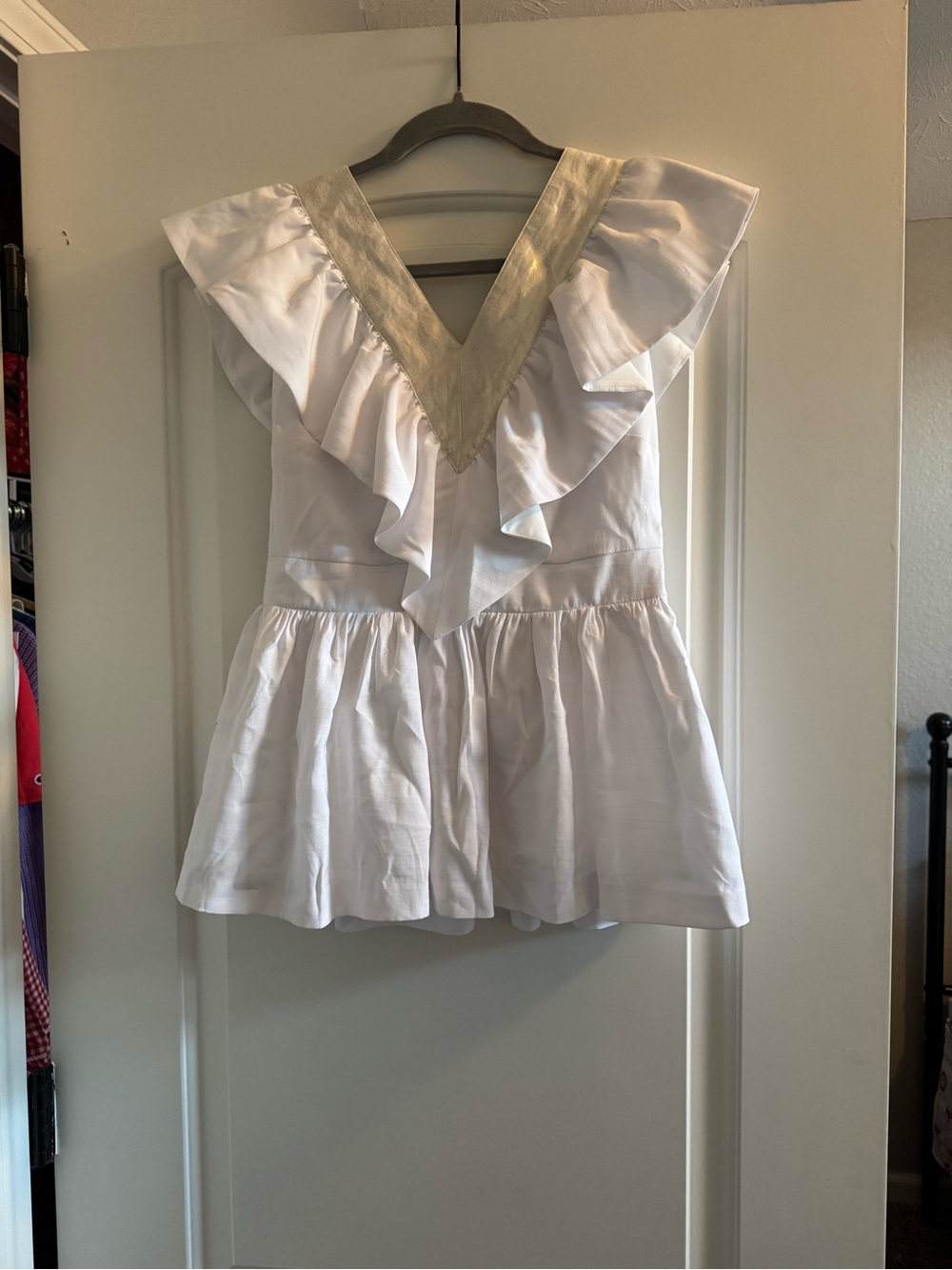 White Ruffle V-Neck Women's Blouse with Metallic Trim